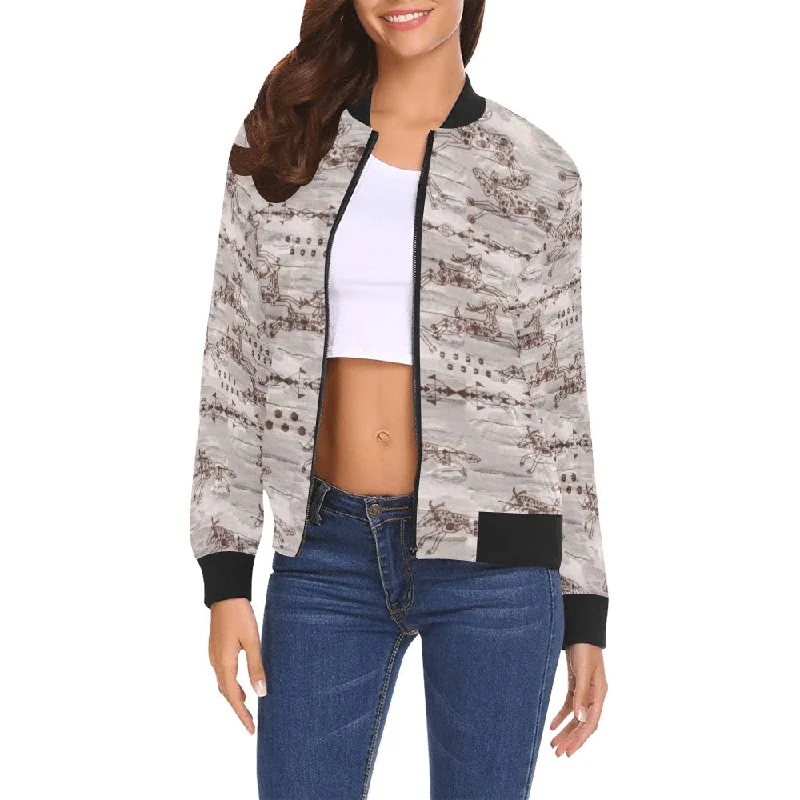 Wild Run All Over Print Bomber Jacket for Women Faux Fur Fabric Real Fur Fabric Shearling Fabric