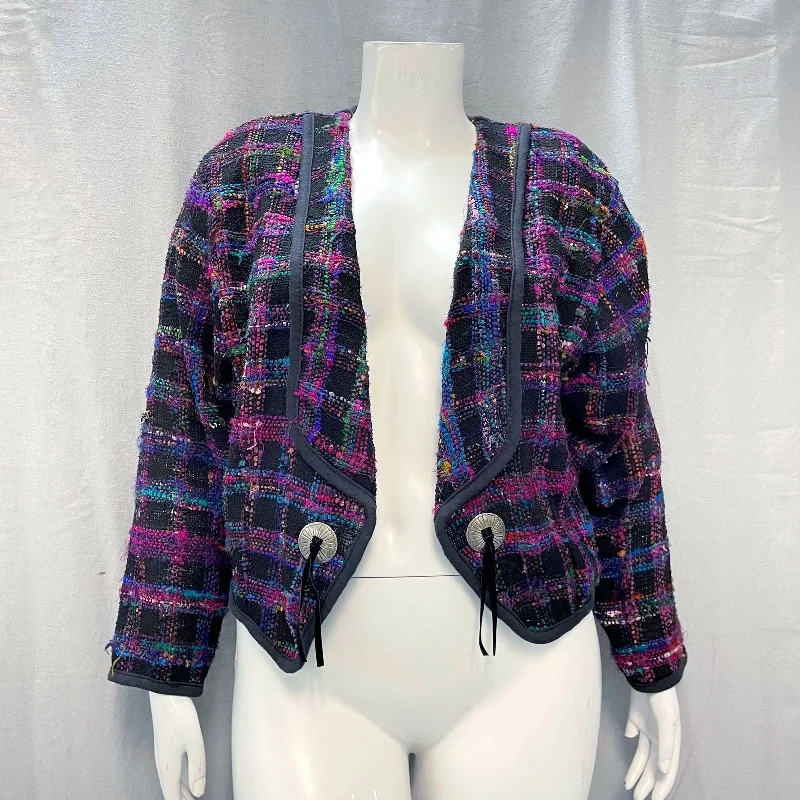 Wmns 80s Vintage SILVERADO Funky Gingham Tweed Western Cardigan Jacket Sz L Notch Collar Peter Pan Collar Cowl Neck