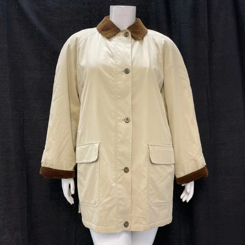 Wmns 90s Vintage BURBERRYS Tan Corduroy Trim Coat Jacket Sz L AUTHENTICATED Welt Pockets Slit Pockets Flap Pockets