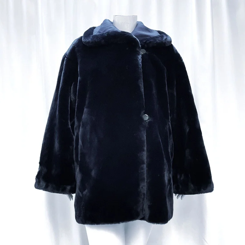 Wmns ESCADA Navy Blue Soft Plush Faux Fur Teddy Coat Jacket Sz 36 AUTHENTICATED Knit Fabric Woven Fabric Fleece Fabric