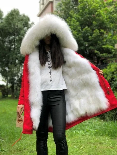 Women Jacket Parka Fashion Real Fox W/Fur Rabbit Lining Notch Collar Jacket Peter Pan Collar Jacket Cowl Neck Jacket