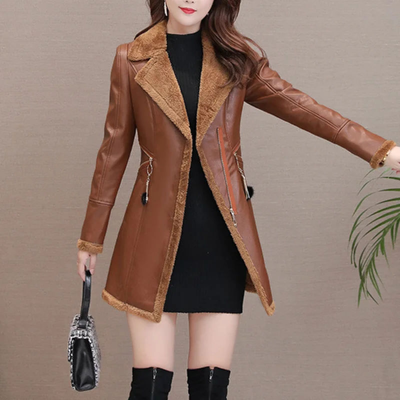 Women’s Brown Genuine Sheepskin Lapel Collar Sherpa Shearling Faux Fur Lined Thick Warm Casual Classic Single Breasted Trench Style Leather Coat Jacket Faux Fur Fabric Real Fur Fabric Shearling Fabric