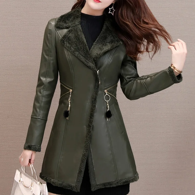 Women’s Green Genuine Sheepskin Lapel Collar Sherpa Shearling Faux Fur Lined Thick Warm Casual Classic Single Breasted Trench Style Leather Coat Jacket Tailored Jacket Straight Jacket A-Line Jacket