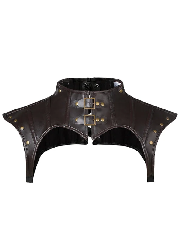 Women Steampunk Gothic PU Leather Pauldron Collared Rivet Armor Costume Shrug Jacket Hoodie Zip-Up Jacket Button-Up Jacket