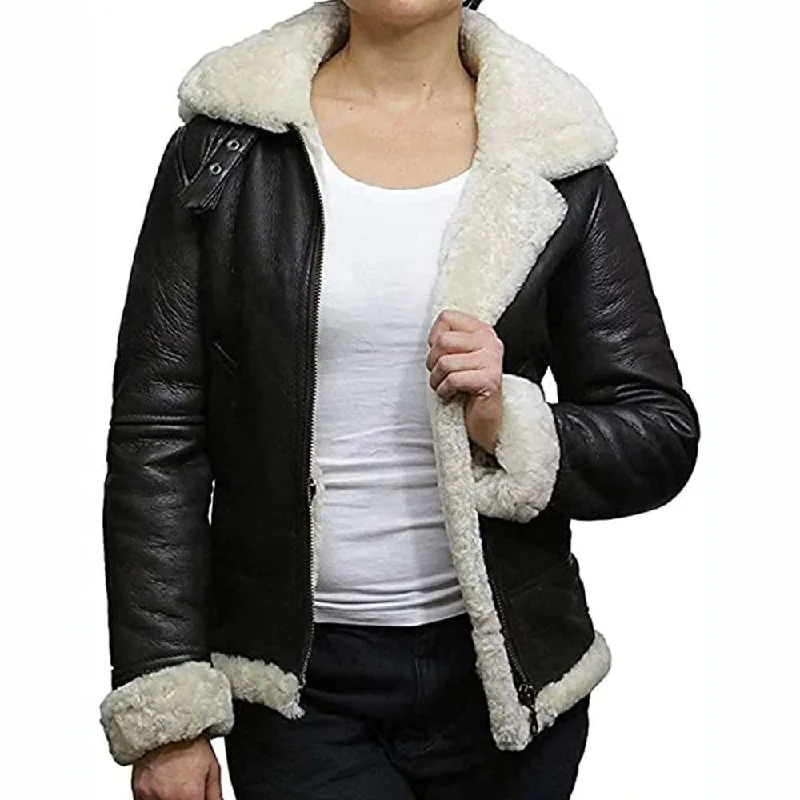 Women WW2 Aviator Pilot Shearling Black Leather Jacket Zippered Front Buttoned Front Snap Front