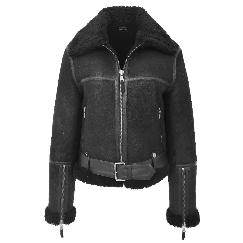 Womens Luxurious Genuine Sheepskin Flying Jacket Real Black Shearling Harriet Zippered Front Buttoned Front Snap Front