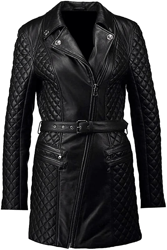 Women's Quilted Slim Fit Fabulous Real Leather Pea Coat Jacket | Womens Black Quilted Black Pea Coat Zippered Jacket Buttoned Jacket Snapped Jacket