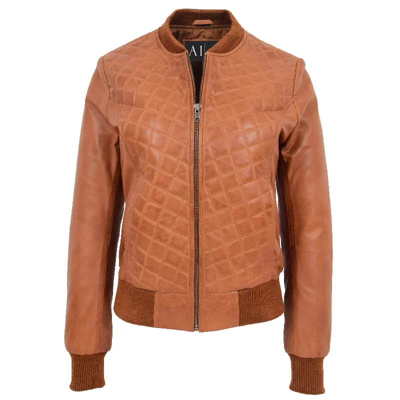 Womens Real Leather Bomber Jacket Tan Diamond Quilted Fitted Varsity Storm Satin Fabric Silk Fabric Chiffon Fabric