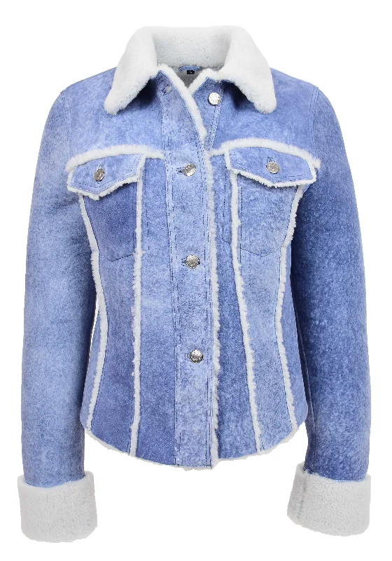 Womens Real Sheepskin Trucker Jacket Denim Blue Washed Genuine Shearling Jenna Notch Collar Peter Pan Collar Cowl Neck