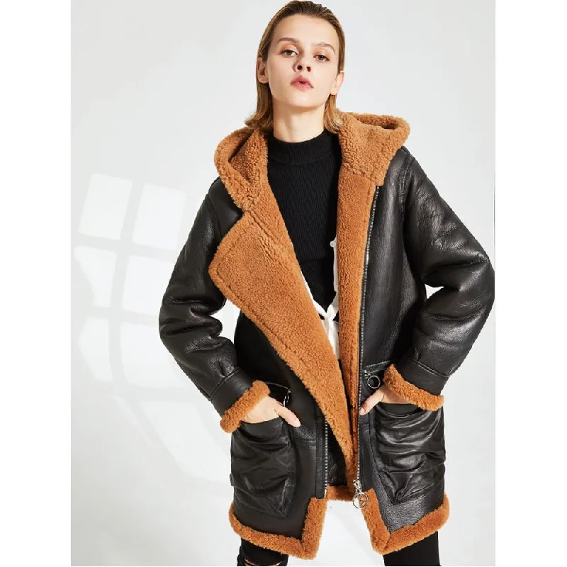 Womens Sheepskin Shearling Jacket Coat in Black with Warm Hooded Snapped Jacket Toggled Jacket Drawstring Jacket