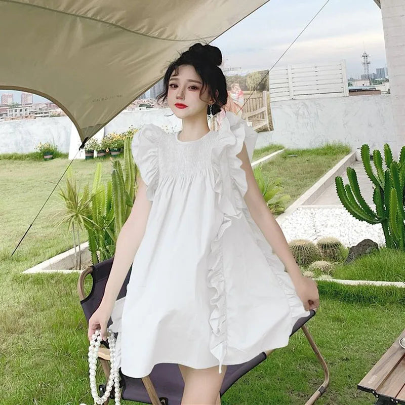 2024 Preppy White Mini Dress Women Ruffle A Line Summer Style Stylish Short-Sleeve Mini Dress