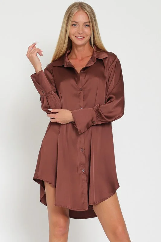 Brown Long Sleeve Shirt Satin Mini Dress Comfortable Ruffle Mini Dress