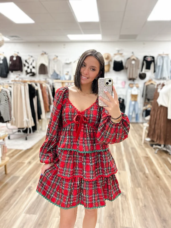 Hollie Plaid Long Sleeve Mini Dress Comfortable Off-Shoulder Mini Dress