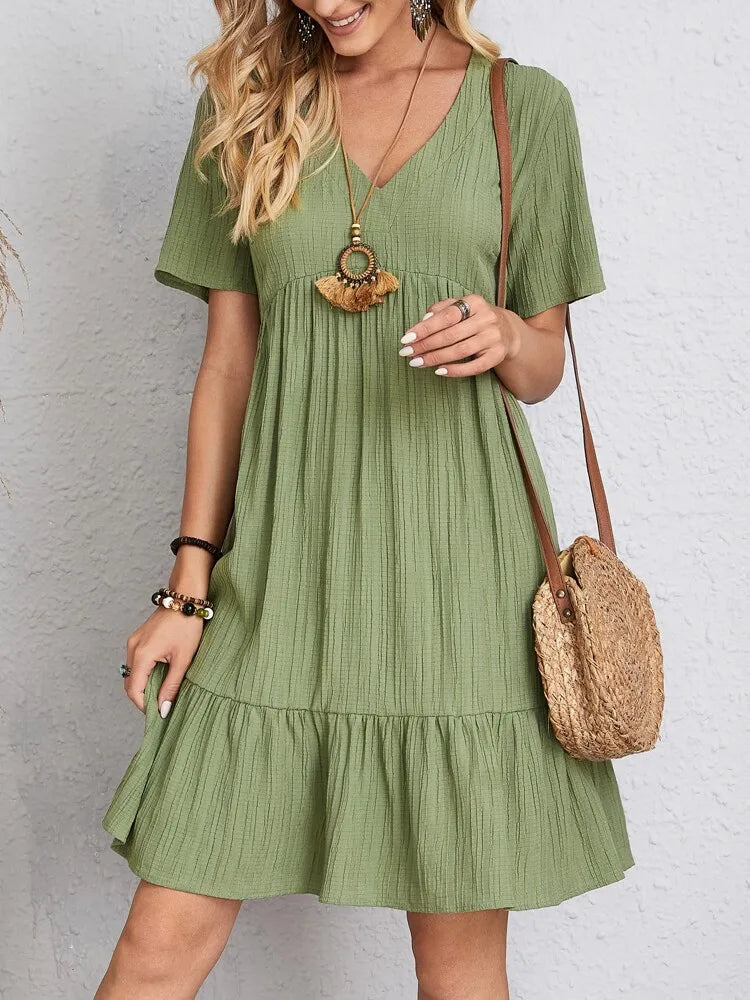 Elegant Solid V Neck A Line Dress New Summer Ruffles Loose Mini Dress Casual Short Sleeve Beach Party Vestidos Streetwear Cozy Ruched Mini Dress