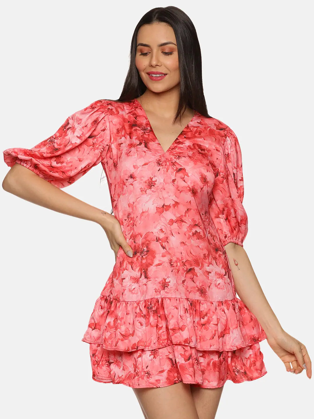 Floral Coral Two Tiered Ruffle Mini Dress Fashionable Pleated Mini Dress