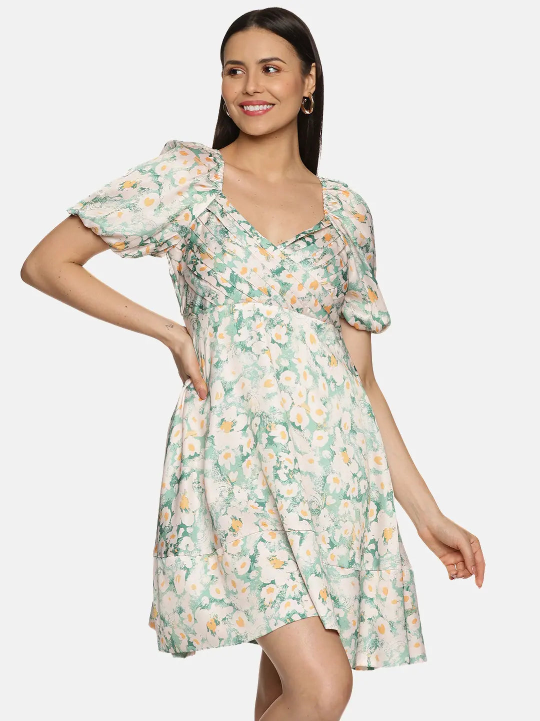 Floral Green Empire Line Mini Dress Trendy Mini Dress with Belt