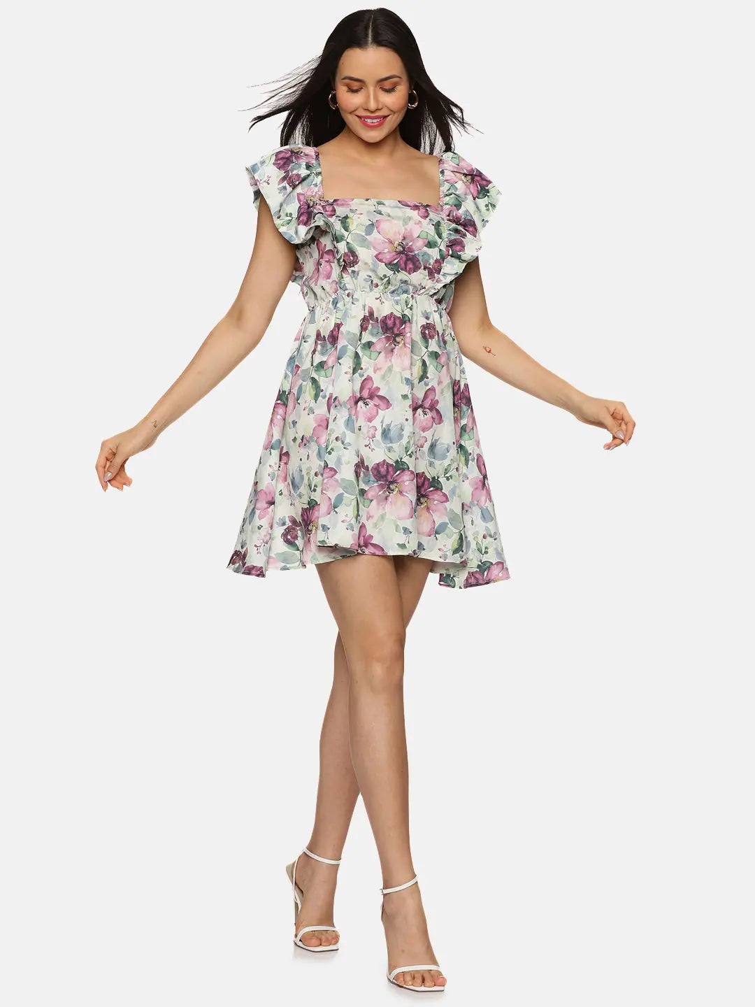 Floral Multicolor Back Tie-Up Mini Dress Casual V-Neck Mini Dress