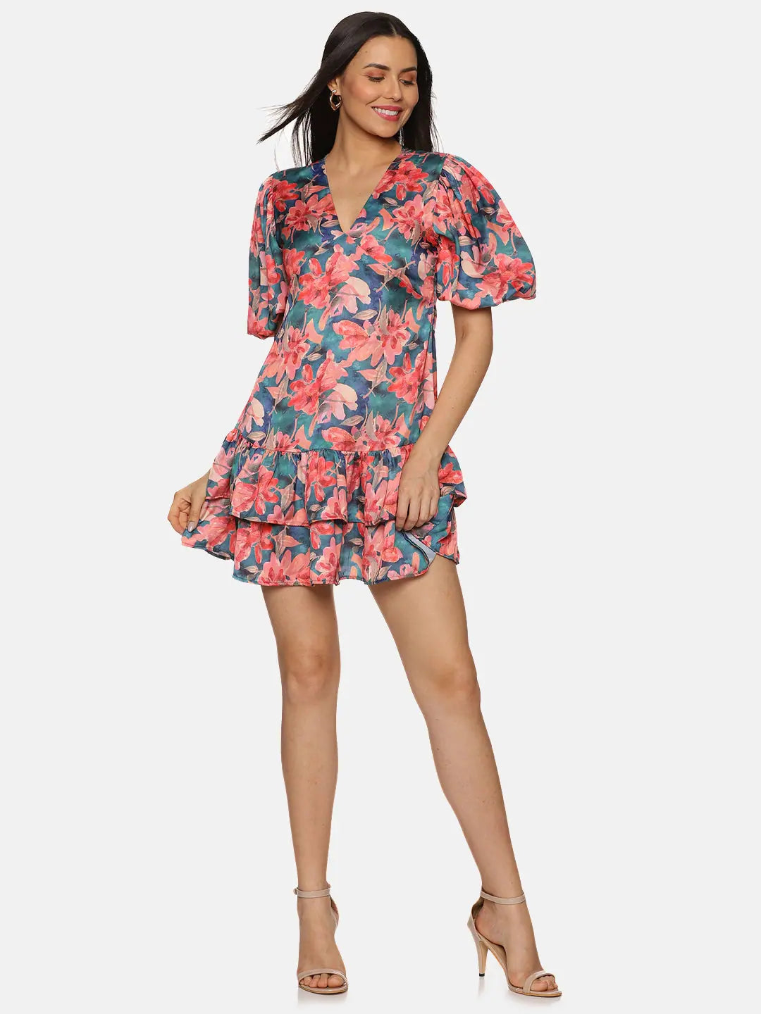 Floral Multicolor Two Tiered Ruffle Mini Dress Classic Casual Mini Dress