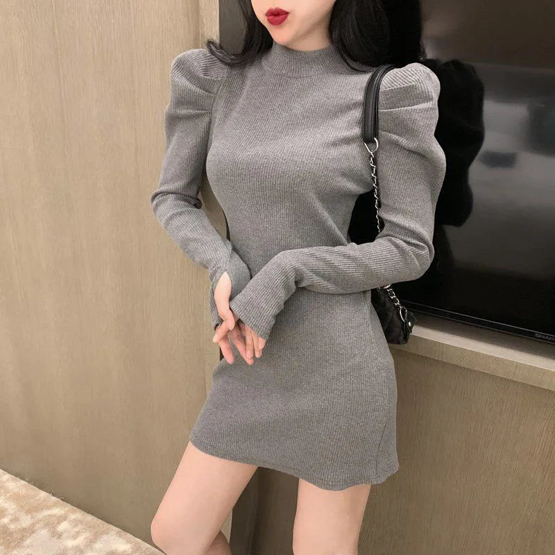 Korean Slim Fit Puff Sleeve Turtleneck Mini Dress Cozy Jersey Mini Dress