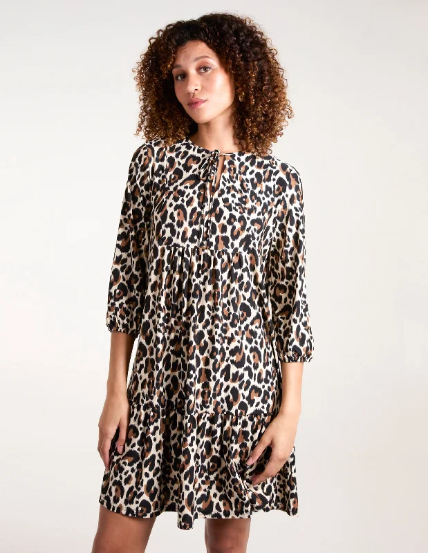 Leopard Print Tie Smock Mini Dress Fashionable Pleated Mini Dress