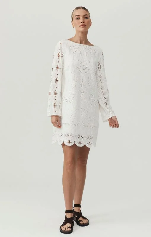 MOS - Nora Embroidery Mini Dress - Ivory - last one Trendy Denim Mini Dress