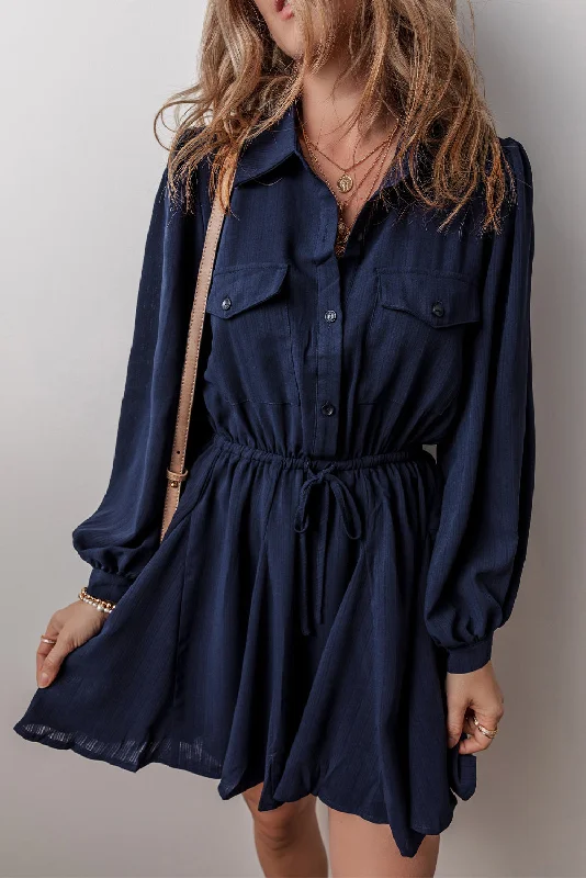 Navy Blue Solid Chest Pockets Tunic Shirt Mini Dress Elegant Satin Mini Dress