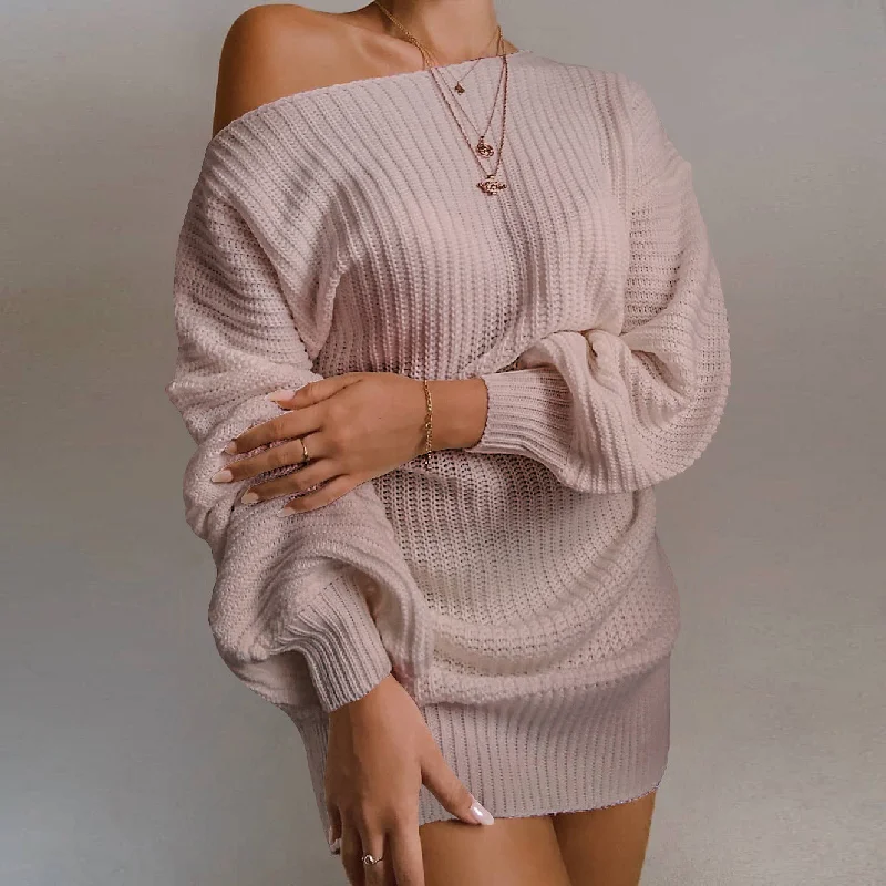 Off-Shoulder Knitted Lantern Mini Dress Trendy Mesh Mini Dress