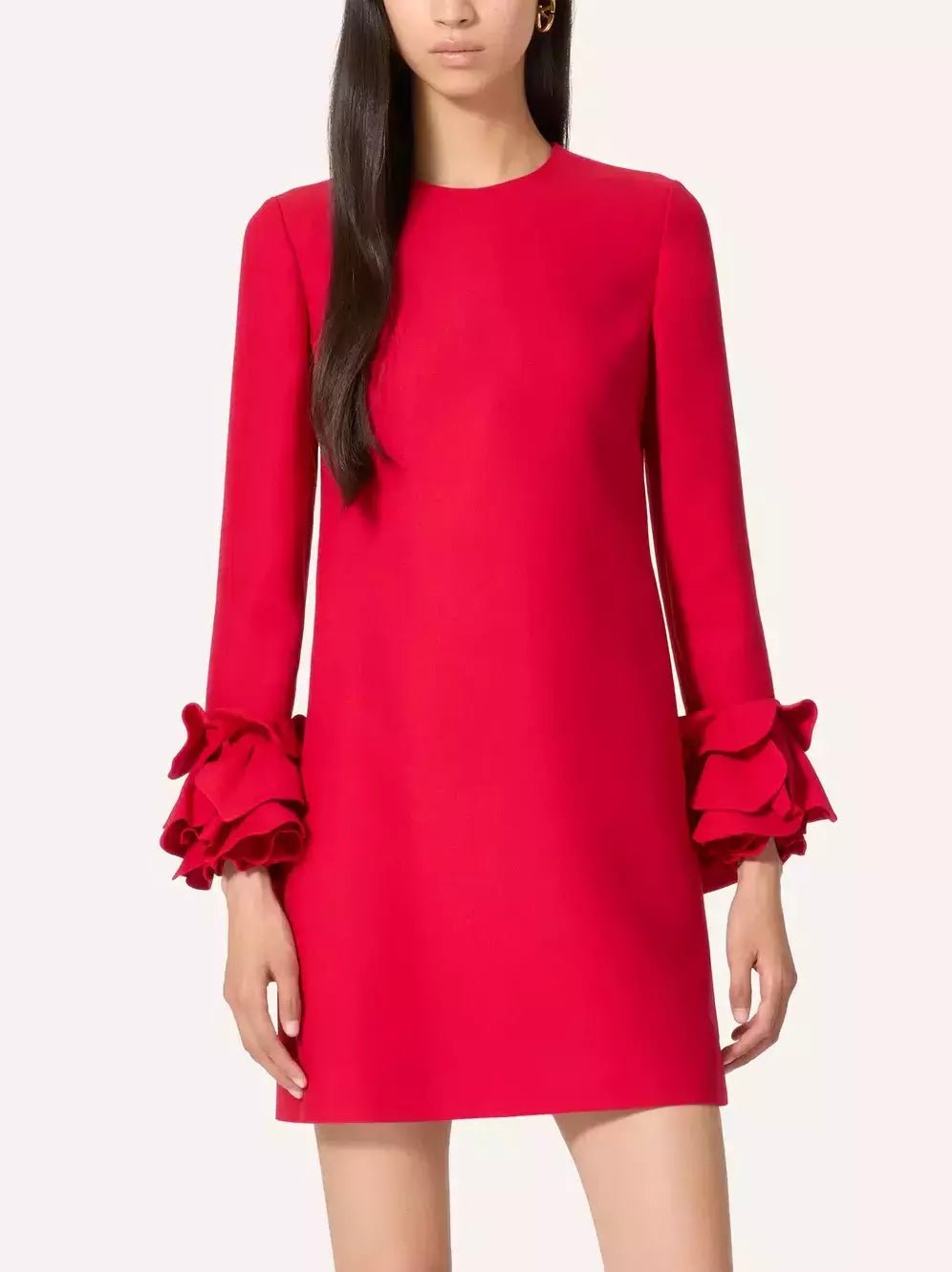 Ruffle-Cuff Shift Mini Dress in Red Trendy A-Line Mini Dress