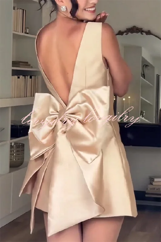 Ultimate Muse Satin Oversized Bow Detail Square Neck Mini Dress Stylish Summer Mini Dress