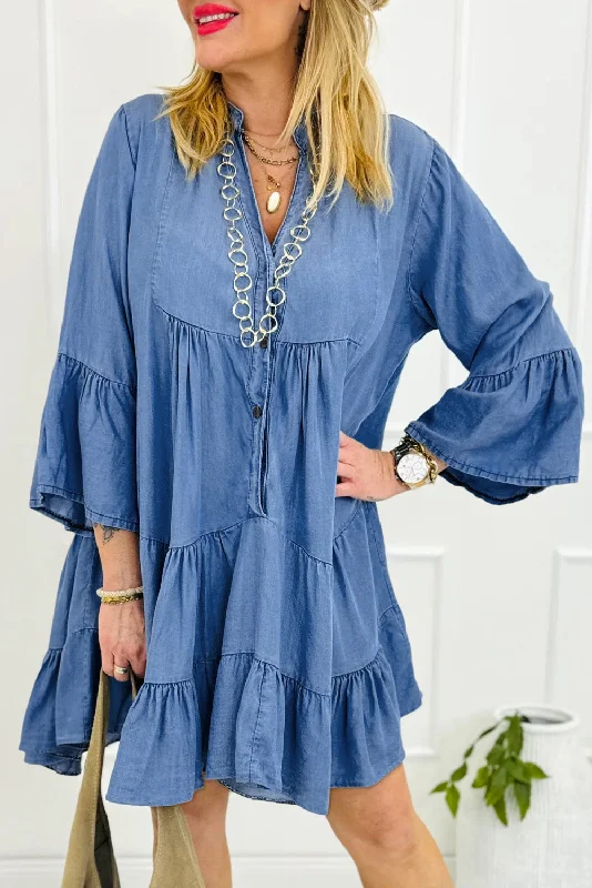 Sky Blue Chambray Ruffled 3/4 Sleeve Tiered Split V Neck Mini Dress Trendy A-Line Mini Dress