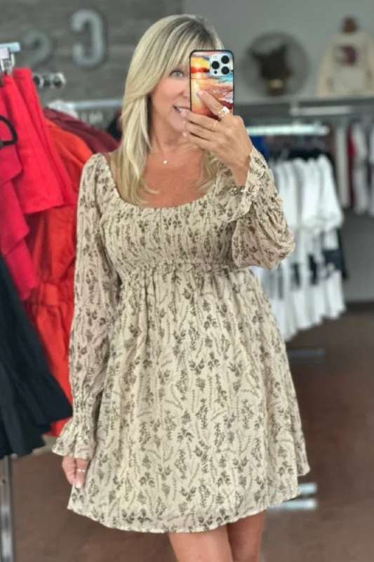 Smocked Printed Mini Dress- Taupe Stylish Short-Sleeve Mini Dress