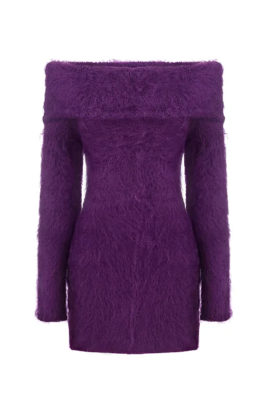 VIOLET FUR MINI DRESS Elegant Mini Dress with Pleats