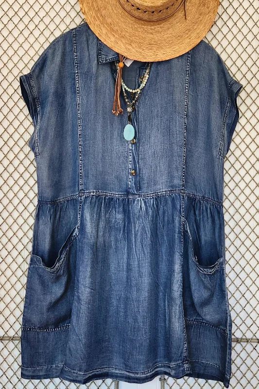 Washed Chambray Mini Dress Comfortable Off-Shoulder Mini Dress