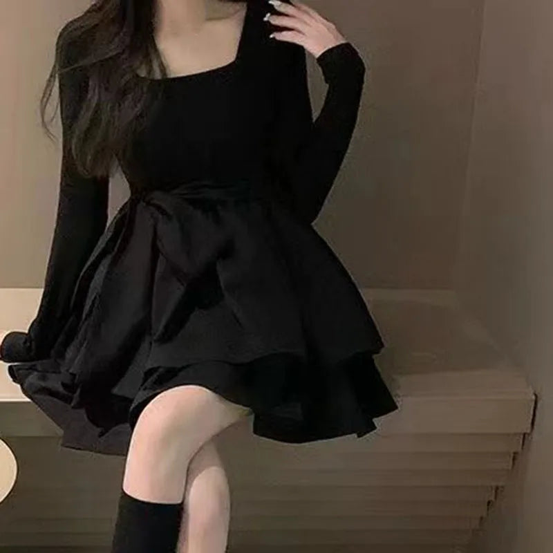 Winter Outfits Patchwork Square Collar Dress Black Puffy Mini Dress Elegant Velvet Mini Dress