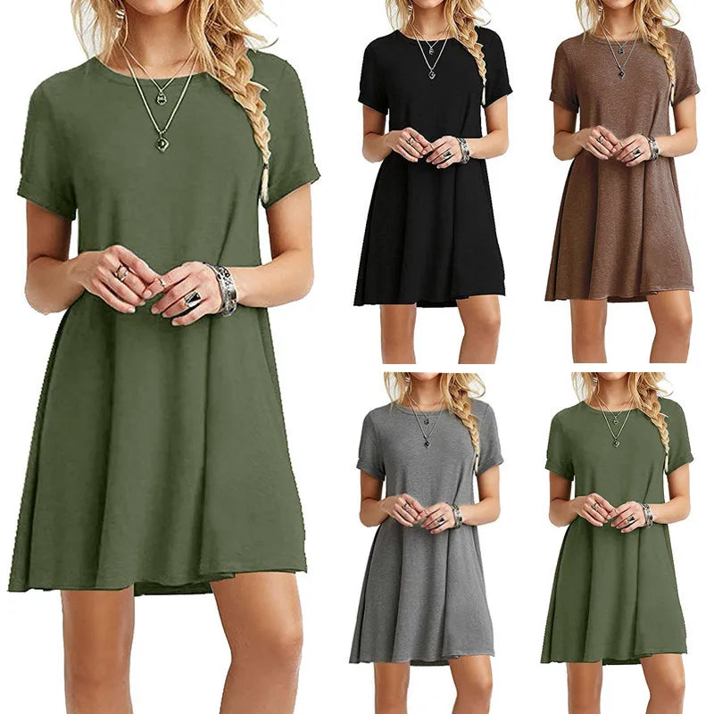 Women Casual Short Sleeve T Shirt Dress Vintage O Neck Print Loose Mini Dress Elegant Simple Mini Dress Streetwear Sundress Elegant Mini Dress with Ruffles