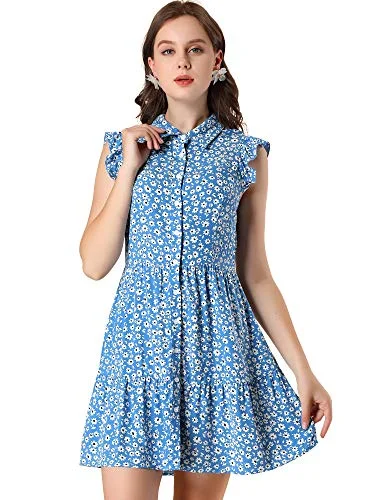 Women's Daisy Button Down Gathering Ruffled Flare Sleeve Mini Dress | Original Brand Cozy Cowl Neck Mini Dress