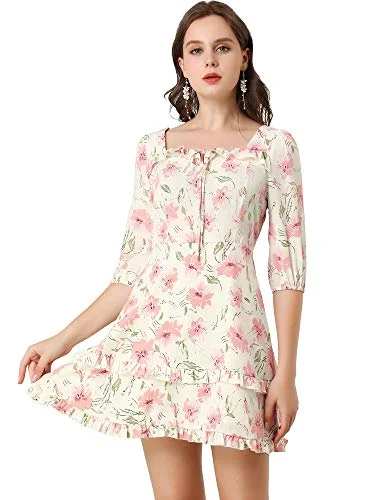 Women's Floral Print Bow Tie Neck 3/4 Sleeve Layered Mini Dress | Original Brand Comfortable Linen Mini Dress