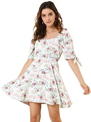 Women's Floral Printed Neck Puff Sleeve Fit and Flare A-Line Mini Dress | Original Brand Chic Tropical Mini Dress