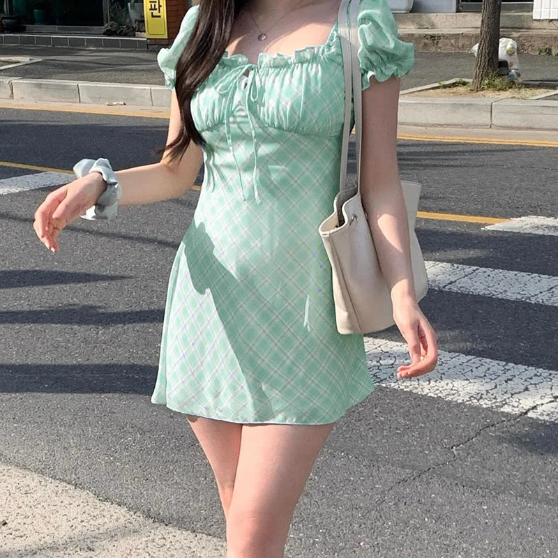 Women's Green Plaid Mini Dress Summer Short Sleeve Streetwear Cozy Knit Mini Dress