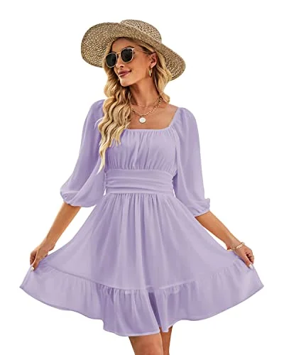 Womens Lantern Sleeve Tie Back Square Neck Dress Ruffled Off Shoulder Smocked A-line Vintage Summer Casual Mini Dresses | Original Brand Cozy Cowl Neck Mini Dress