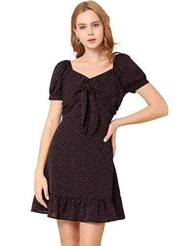 Women's Ruffle Hem Neck Heart Tie Front Flare Mini Dress | Original Brand Stylish Spaghetti Strap Mini Dress