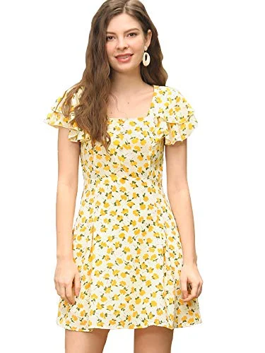 Women's Ruffled-Sleeve Square Neck Pleated Front Floral Mini Dress | Original Brand Trendy A-Line Mini Dress