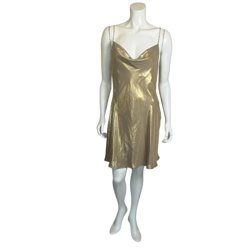 Zara | Women's Gold Metallic Thin Strap Drape Front Mini Dress with Tags | Size: S Comfortable Zip-Up Mini Dress