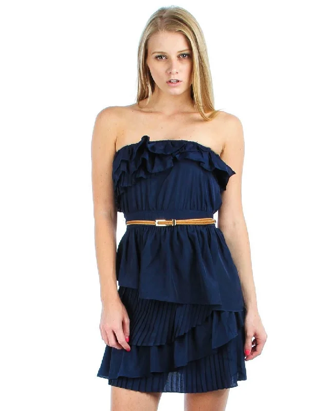 Strapless Mini Dress Ruffle Belt Navy Blue Comfortable Bodycon Mini Dress