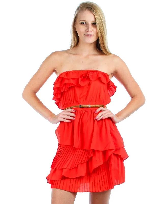 Strapless Mini Dress Ruffle Belt Orange Red Elegant Lace-Up Mini Dress