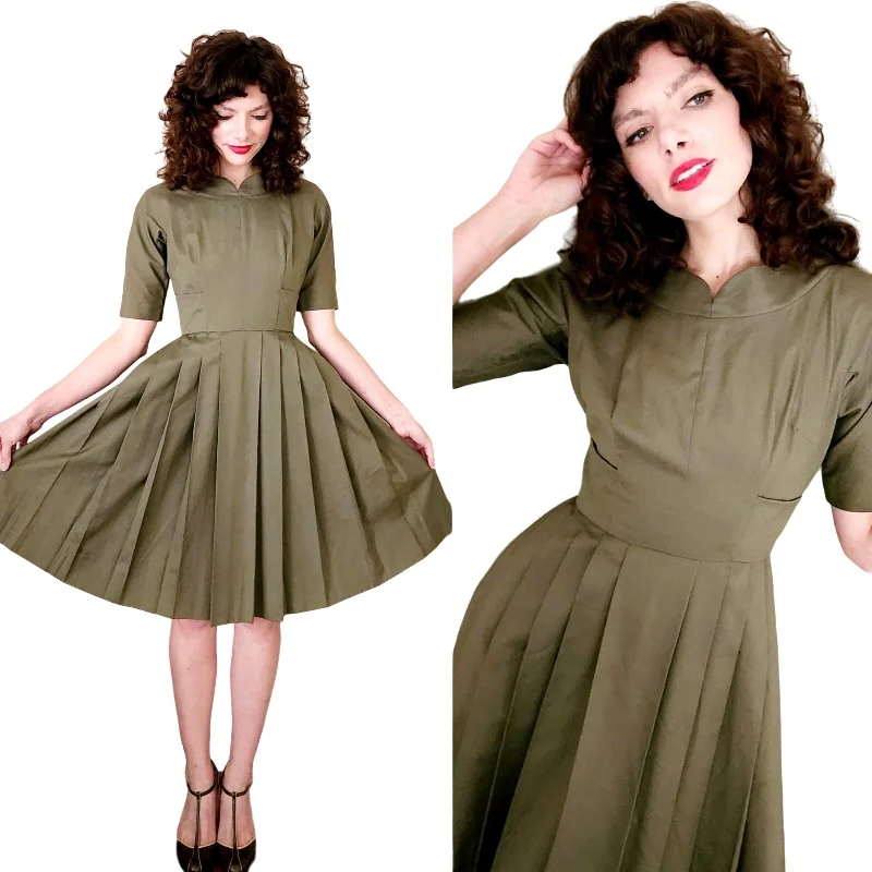 1950s Jacques Heim Couture Dress Olive Green Wool