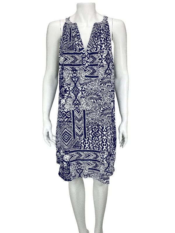 Alice & Trixie, Women's Patchwork Print Silk Dress, Navy/White, Size M (may run big)