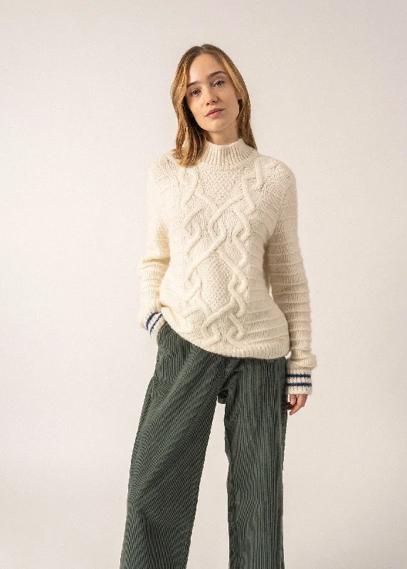 Alpes High-neck Jumper - in wool, with twisted details (BLANC D'HIVER) Cable Knit Ribbed Knit Lace Knit
