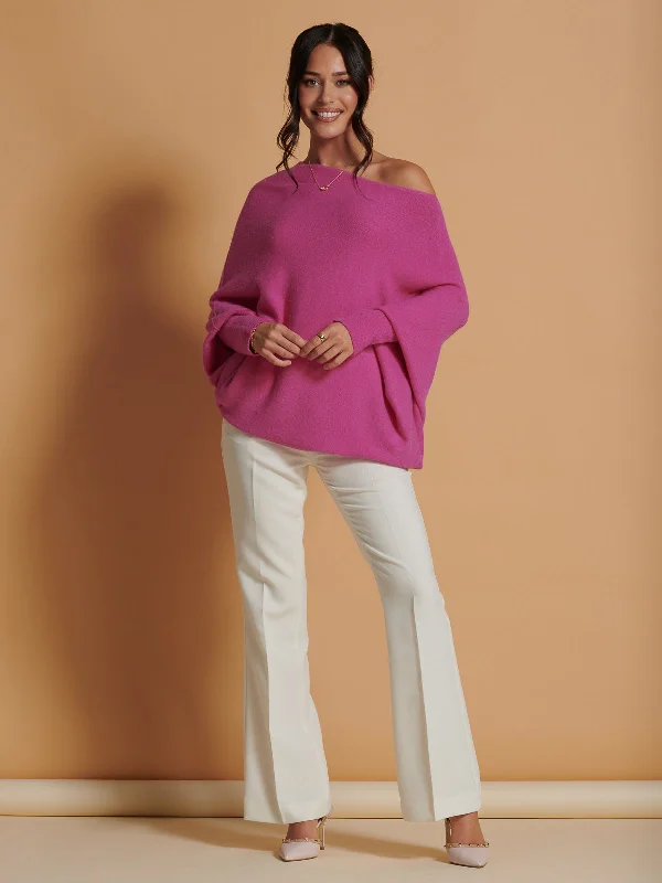 Made In Italy Asymmetric Draped Soft Knit Jumper, Hot Pink Solid Color Striped Floral Print