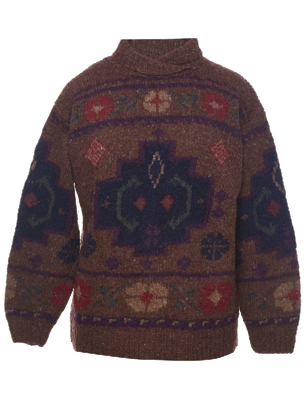 Aztec Print Turtleneck Jumper - L Collared Crew Neck Turtle Neck